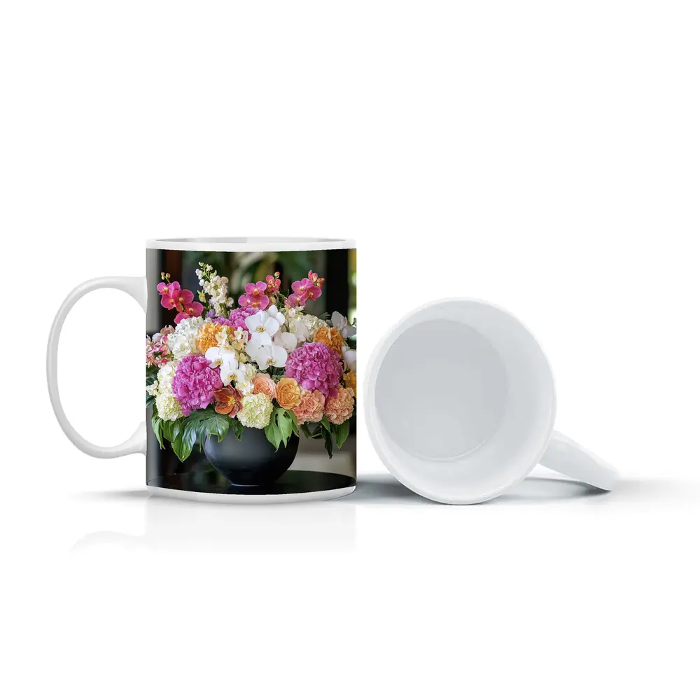 Pink Hydrangea Orchid Arrangement Black Vase – Mugs