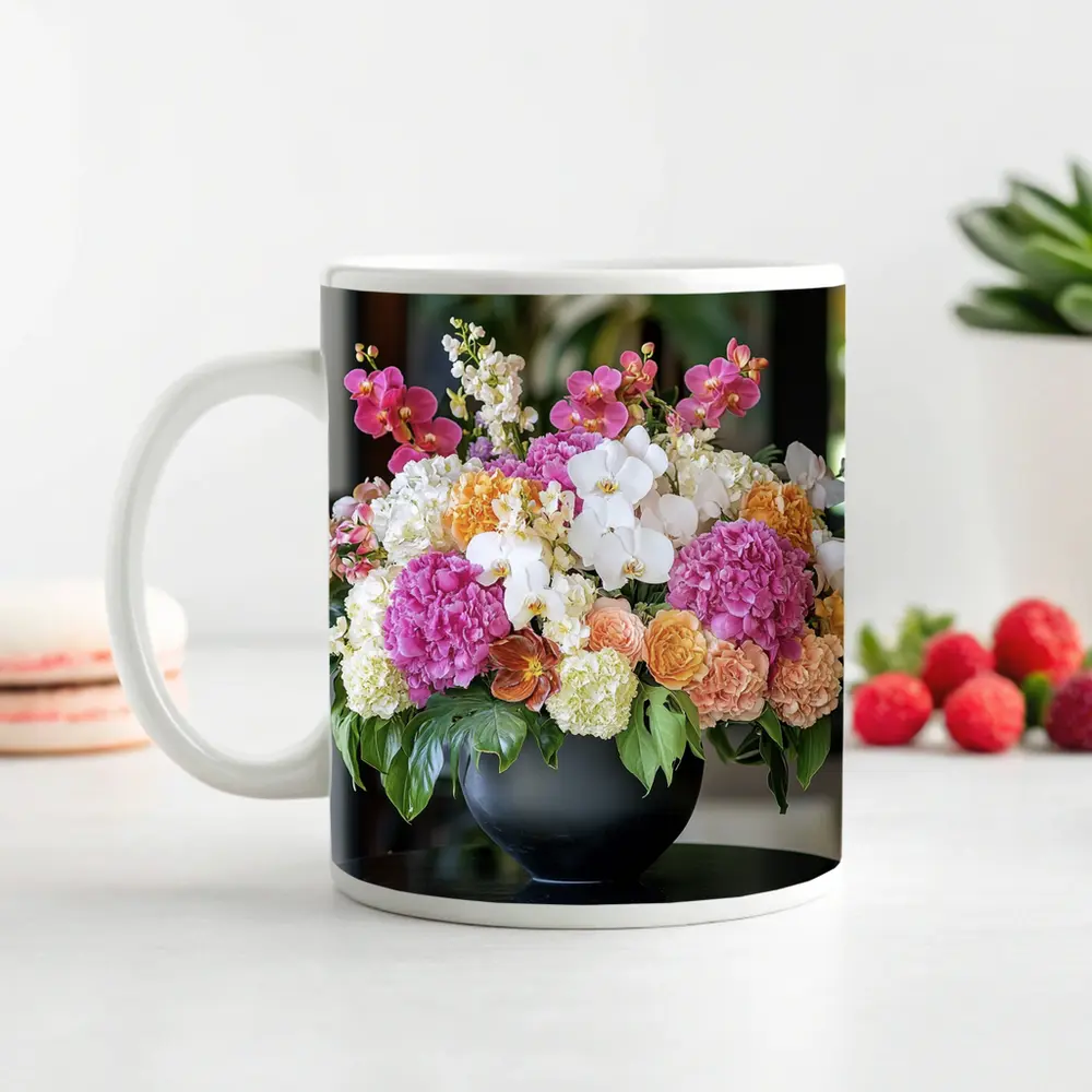 Pink Hydrangea Orchid Arrangement Black Vase – Mugs