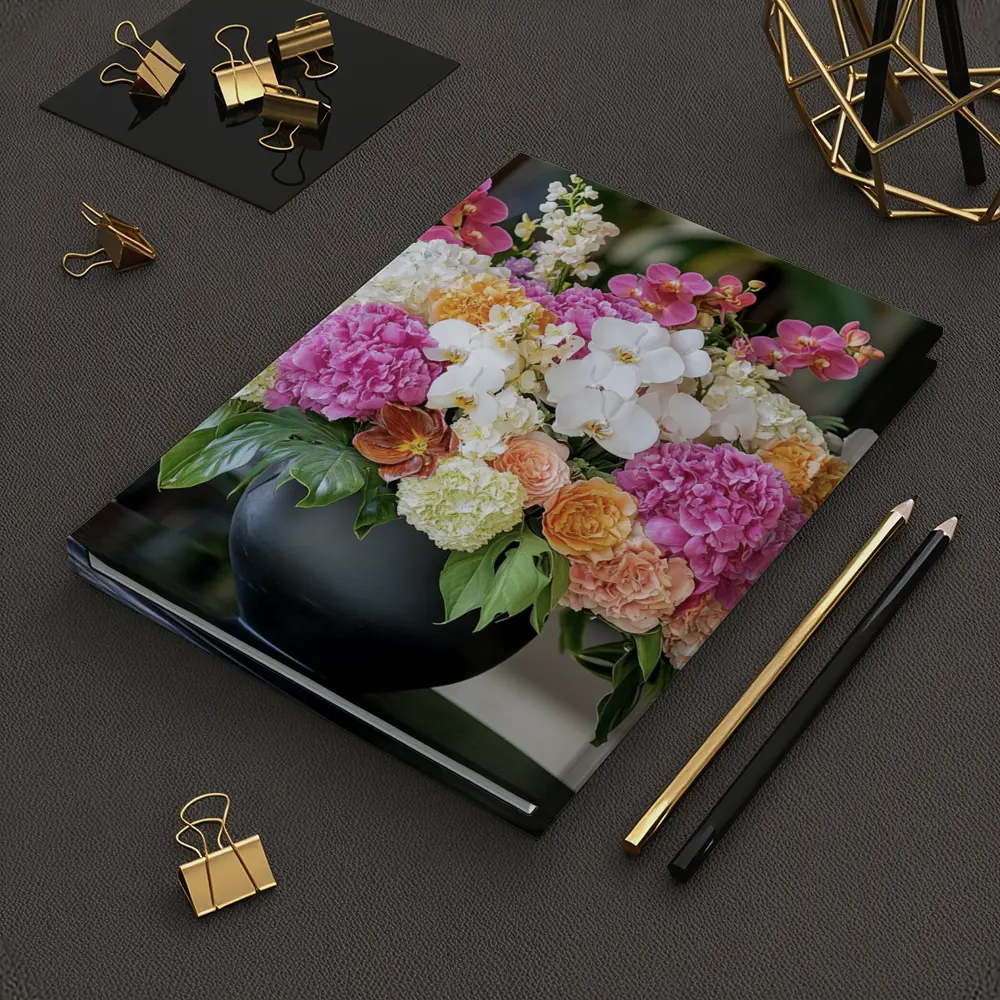 Pink Hydrangea Orchid Arrangement Black Vase – Notebooks