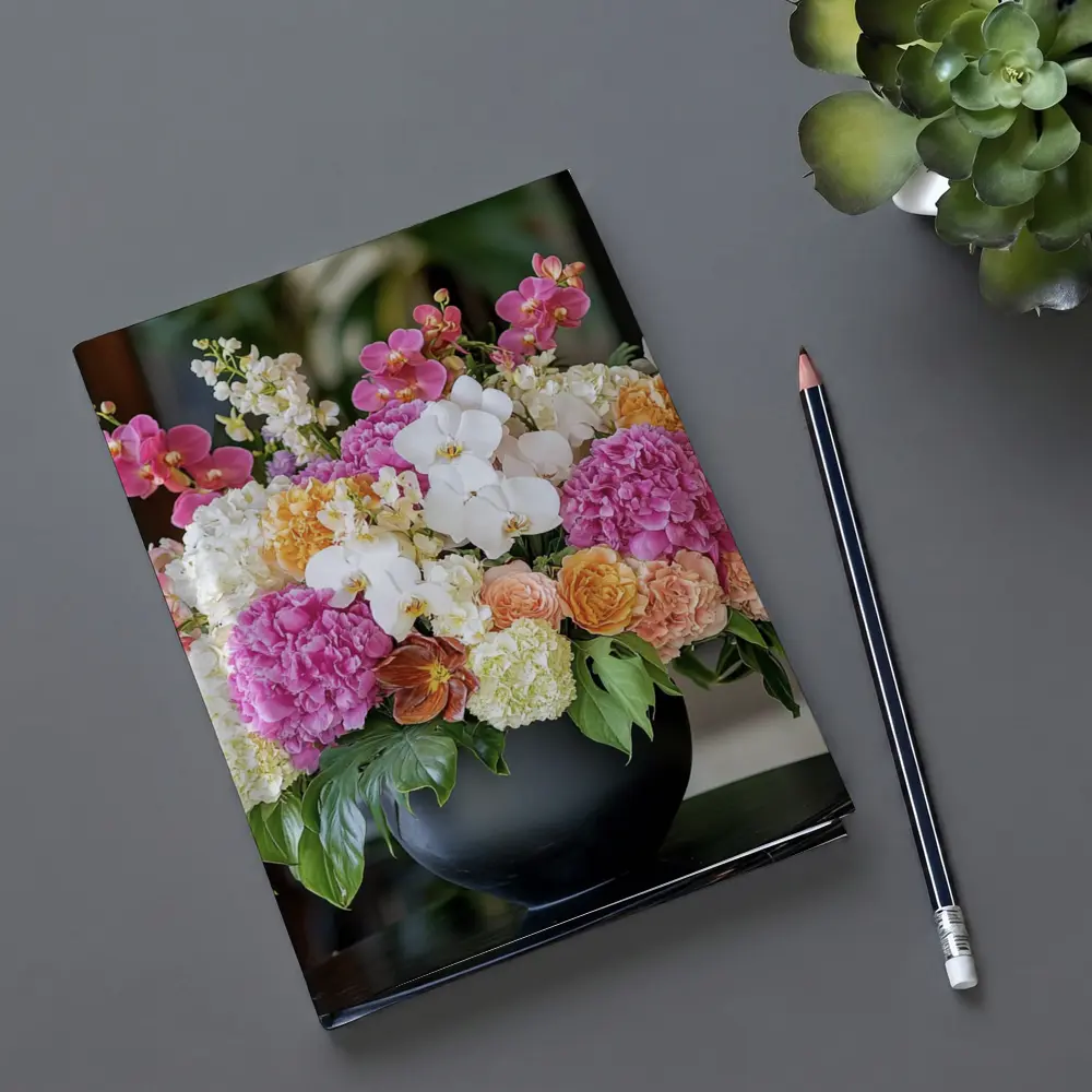Pink Hydrangea Orchid Arrangement Black Vase – Notebooks