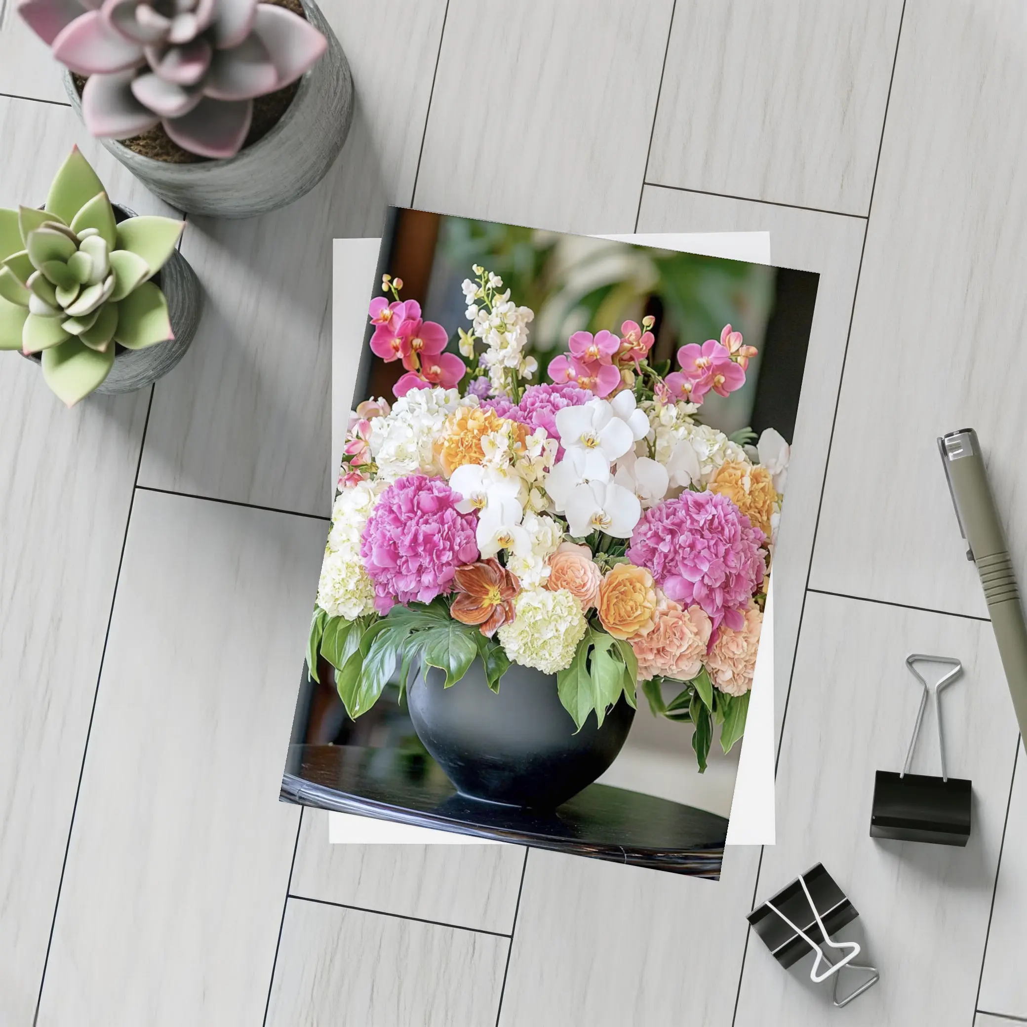Pink Hydrangea Orchid Arrangement Black Vase – Postcards