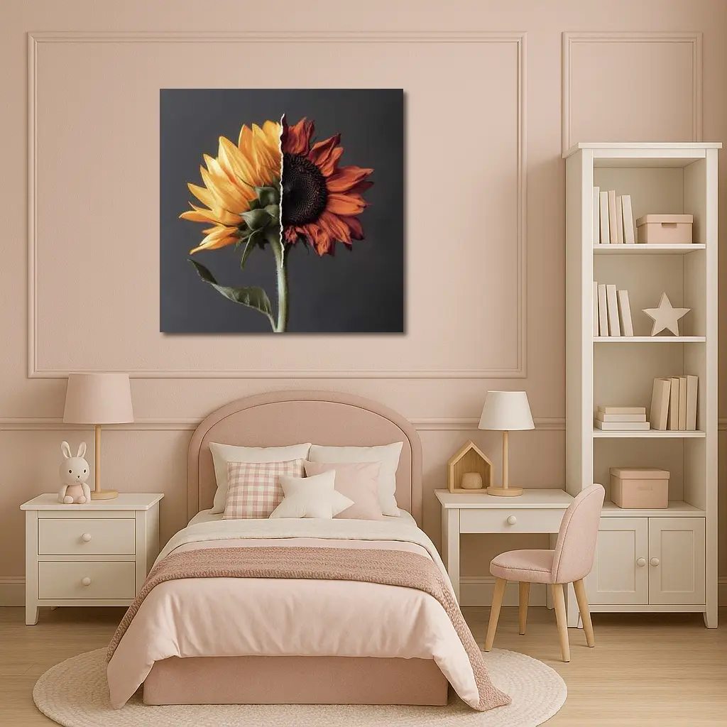 Split Sunflower Fresh And Dried Gray Background – Wall Art