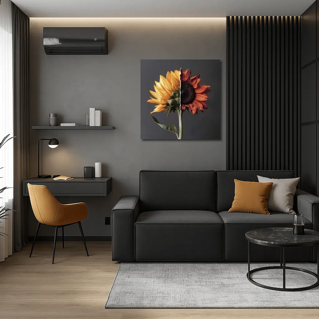 Split Sunflower Fresh And Dried Gray Background – Wall Art