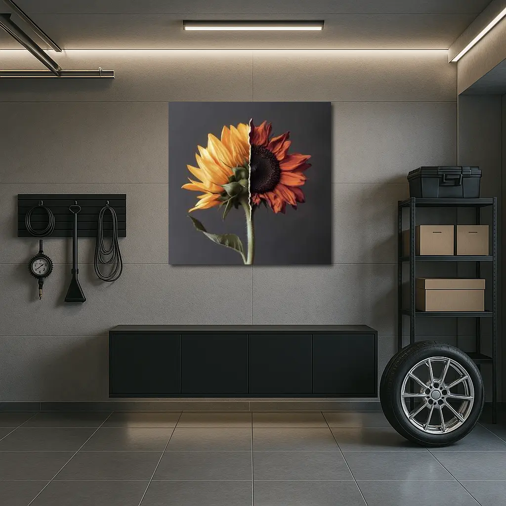 Split Sunflower Fresh And Dried Gray Background – Wall Art
