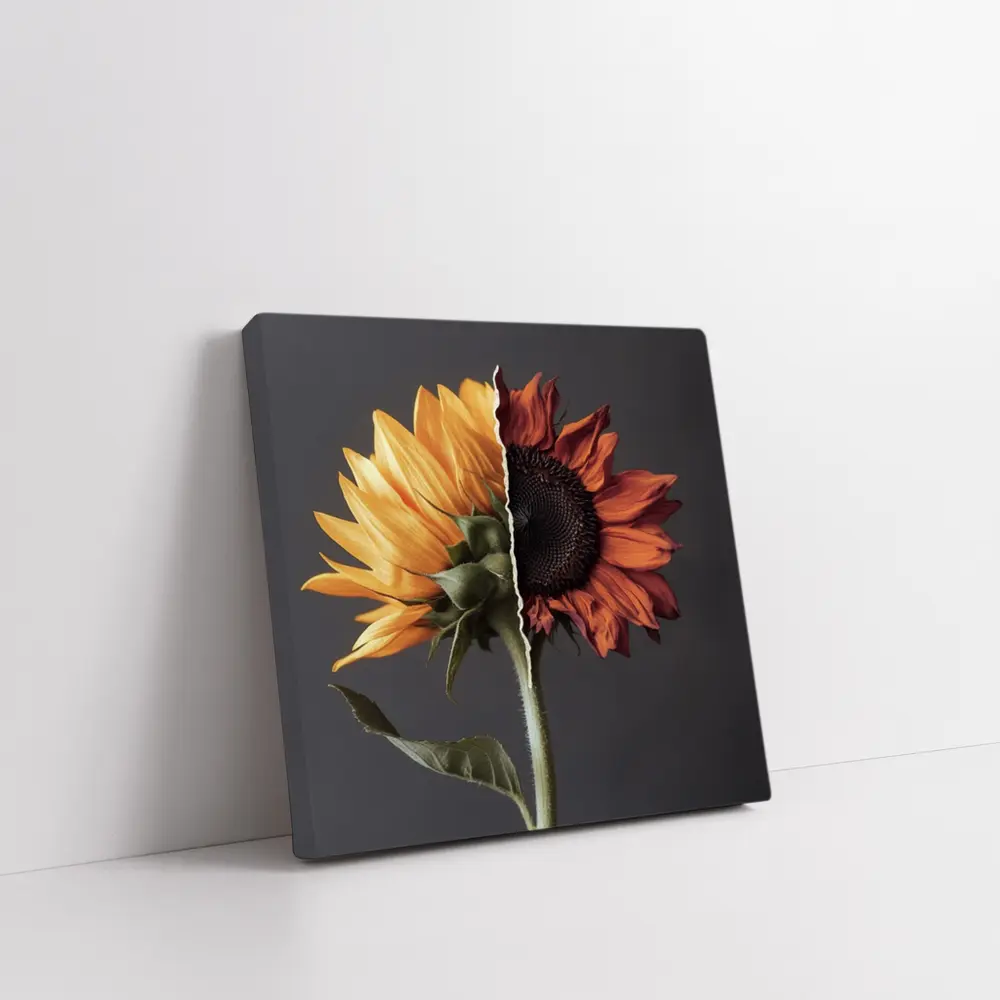 Split Sunflower Fresh And Dried Gray Background – Wall Art