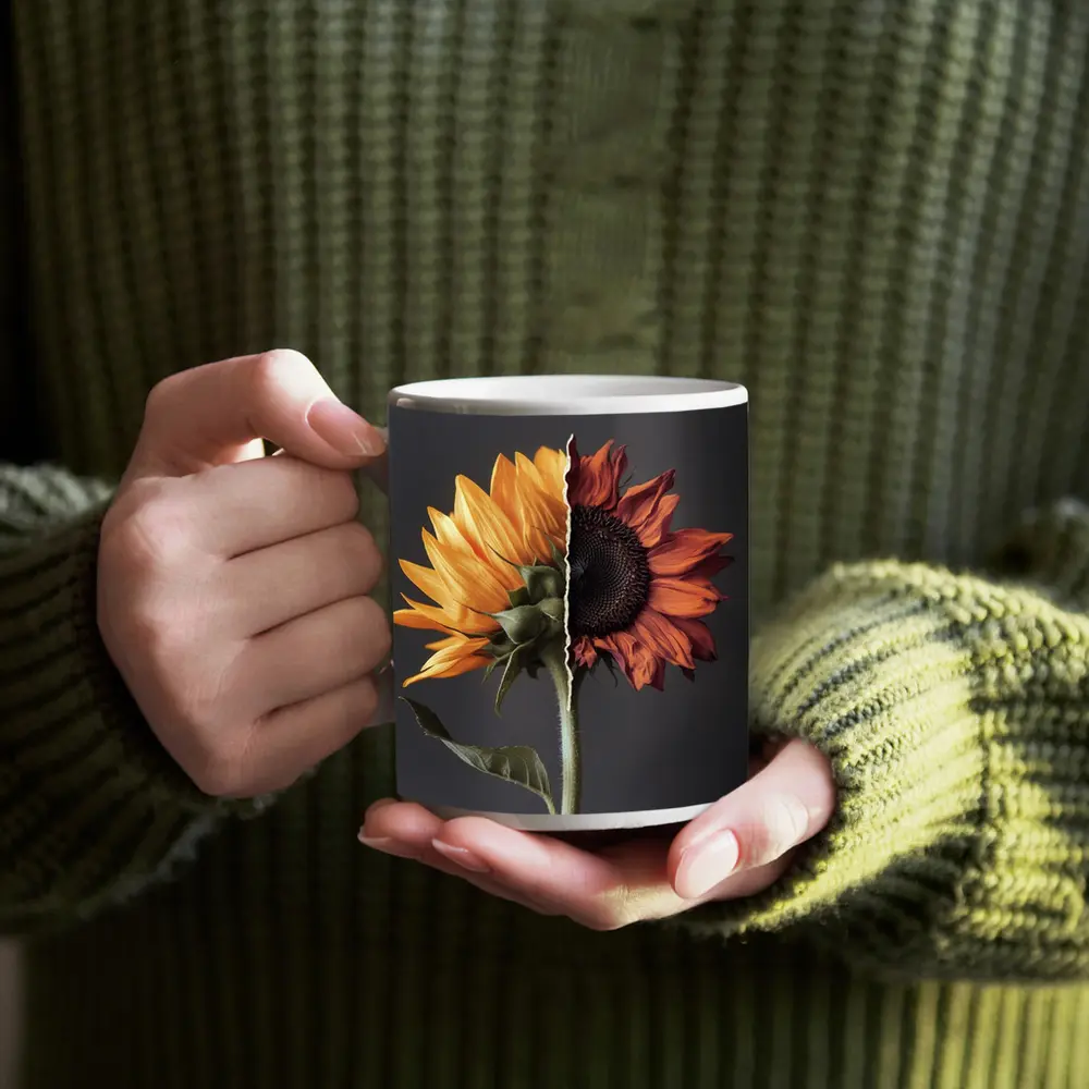 Split Sunflower Fresh And Dried Gray Background – Mugs