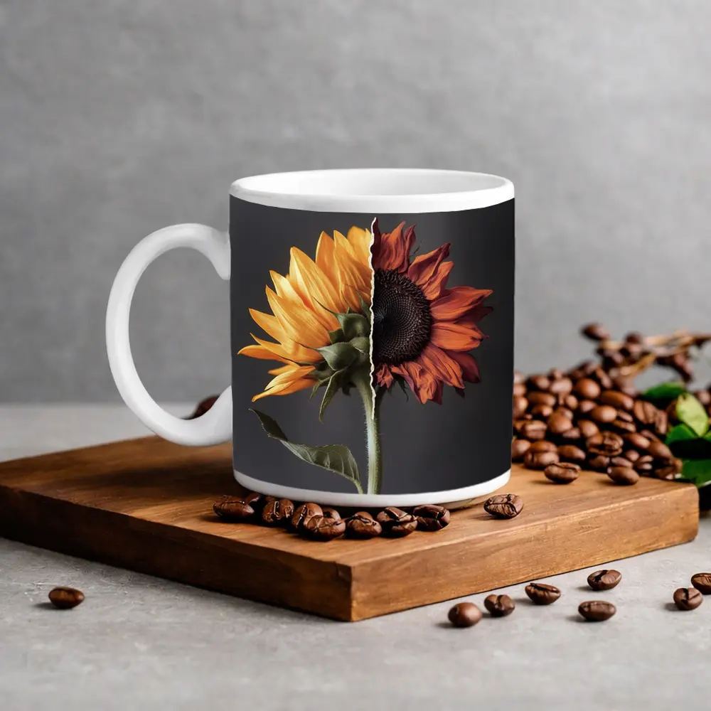 Split Sunflower Fresh And Dried Gray Background – Mugs