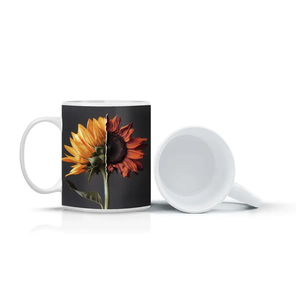 Split Sunflower Fresh And Dried Gray Background – Mugs