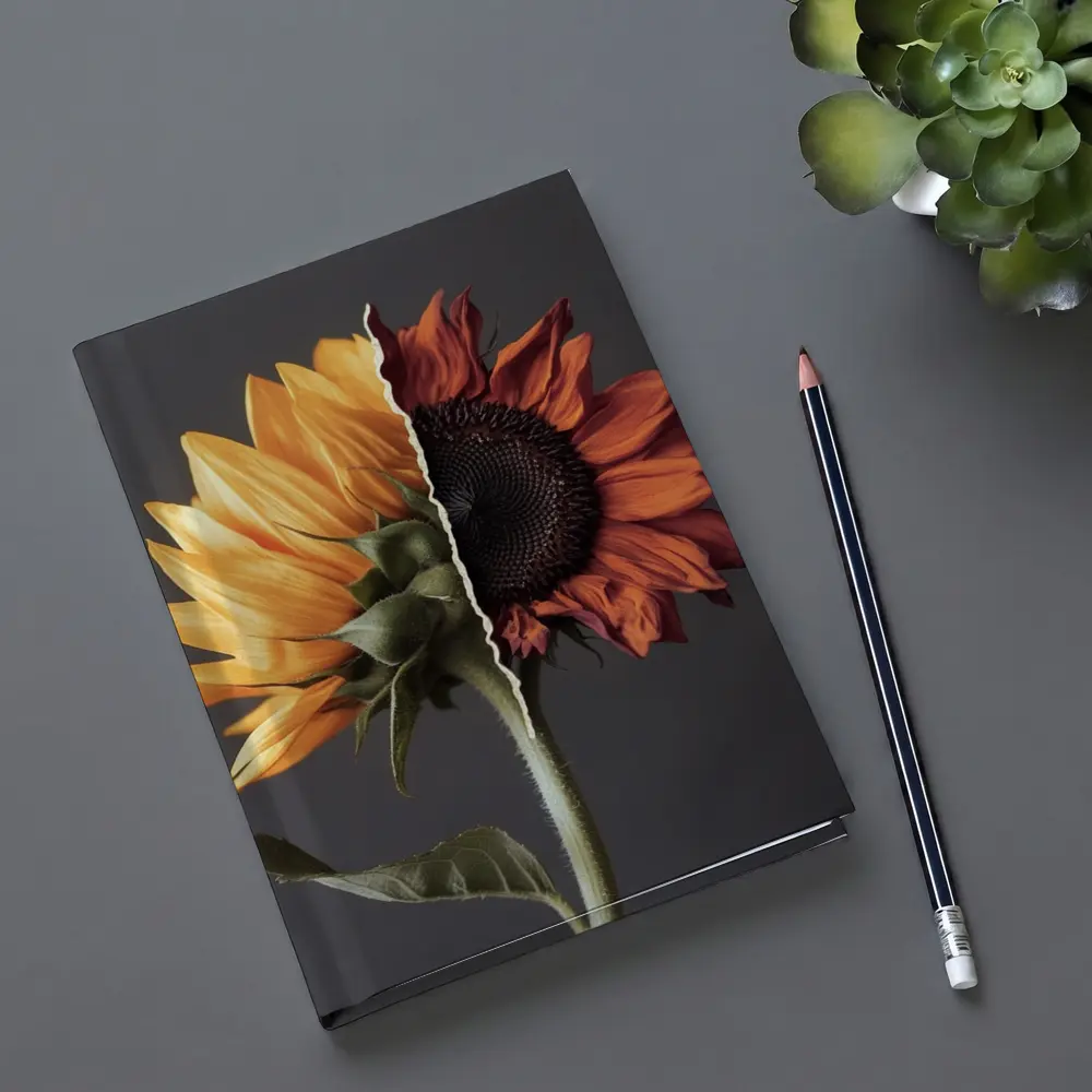 Split Sunflower Fresh And Dried Gray Background – Notebooks