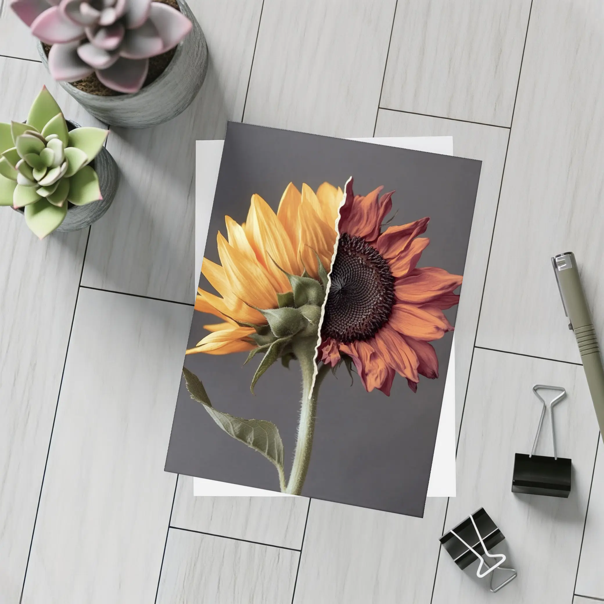 Split Sunflower Fresh And Dried Gray Background – Postcards