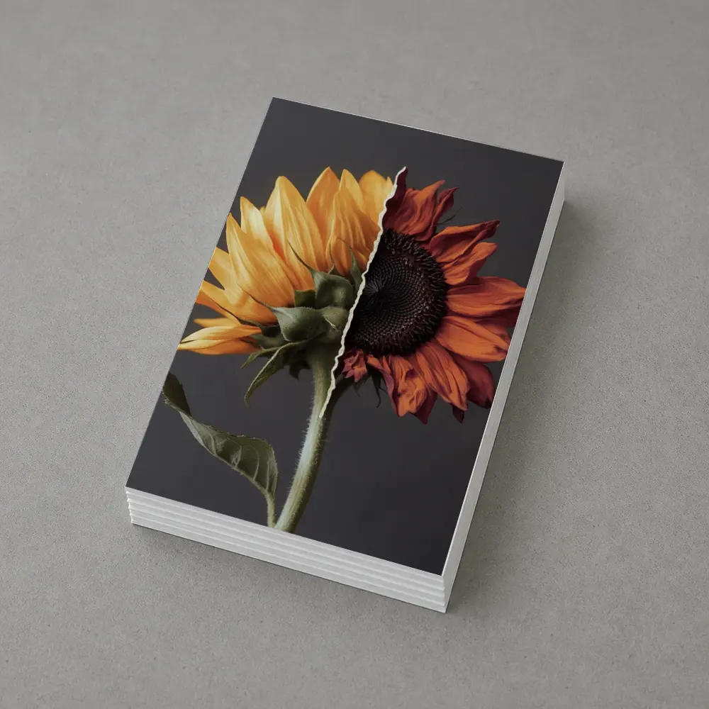 Split Sunflower Fresh And Dried Gray Background – Postcards