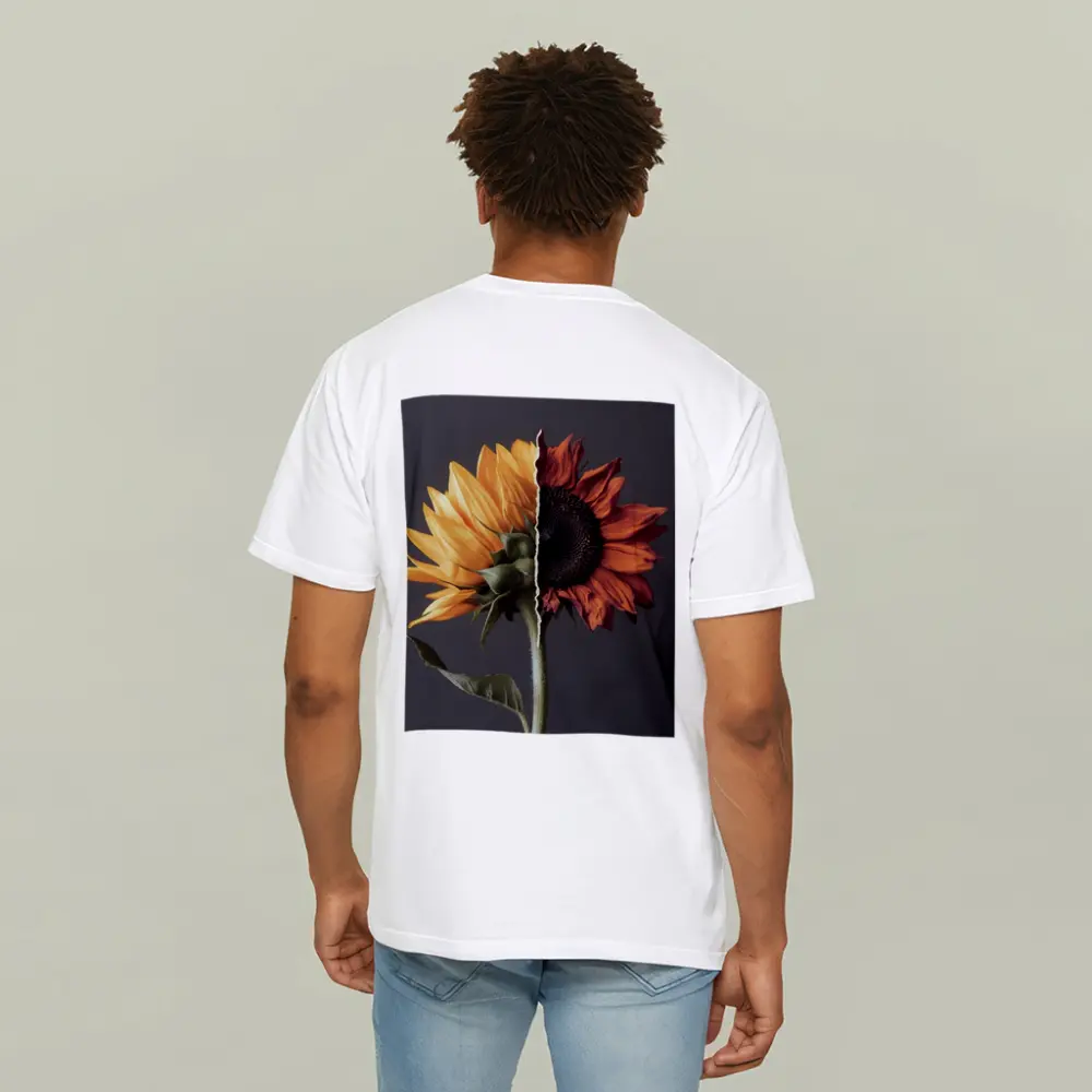 Split Sunflower Fresh And Dried Gray Background – T-Shirts
