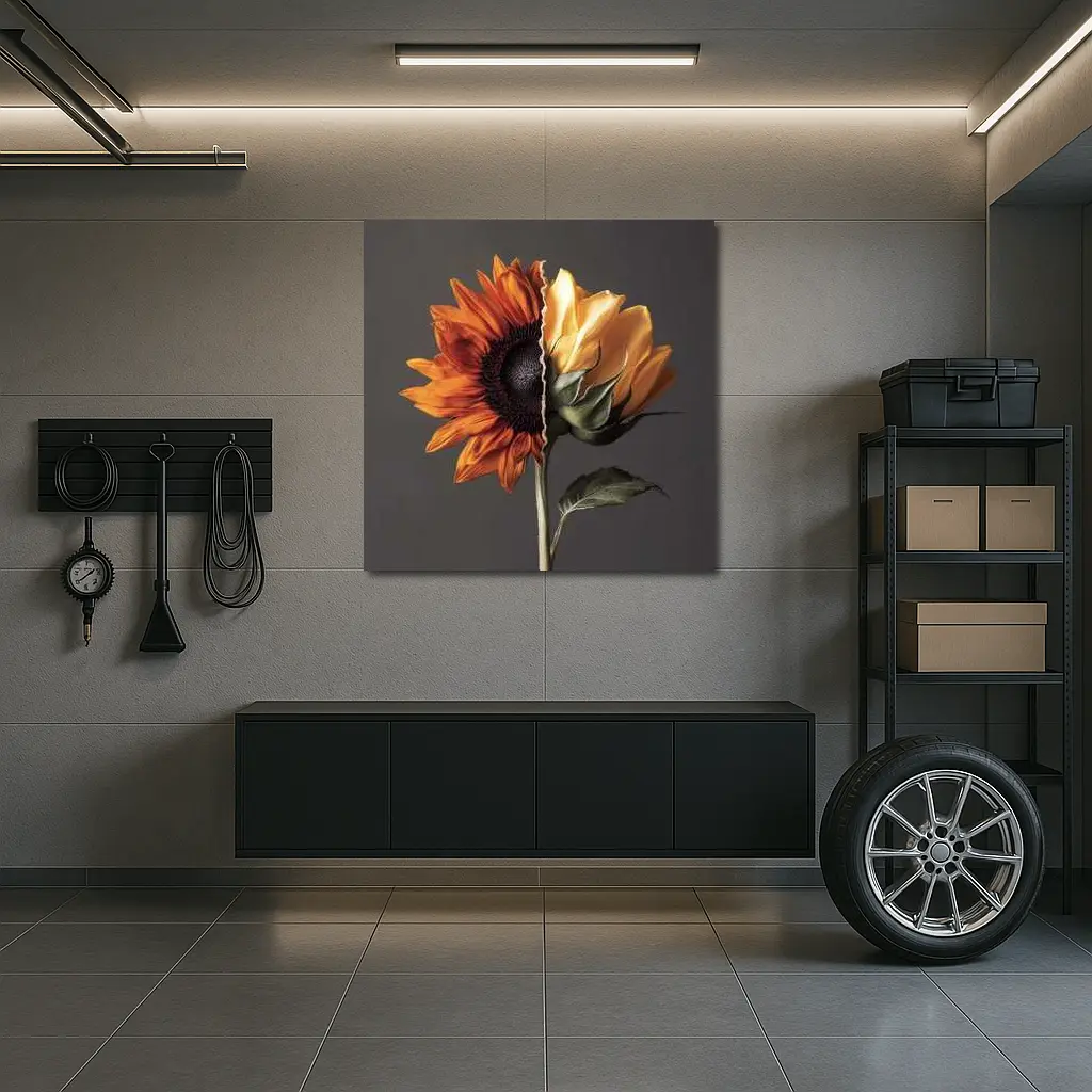 Split Sunflower Bloom Gray Background Art – Wall Art
