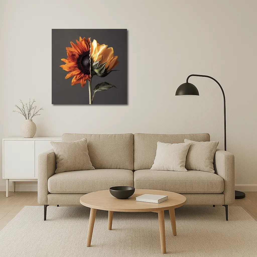Split Sunflower Bloom Gray Background Art – Wall Art