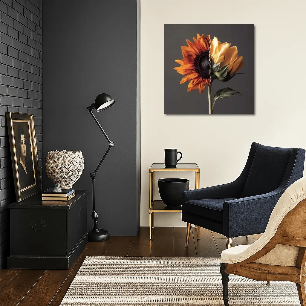 Split Sunflower Bloom Gray Background Art – Wall Art
