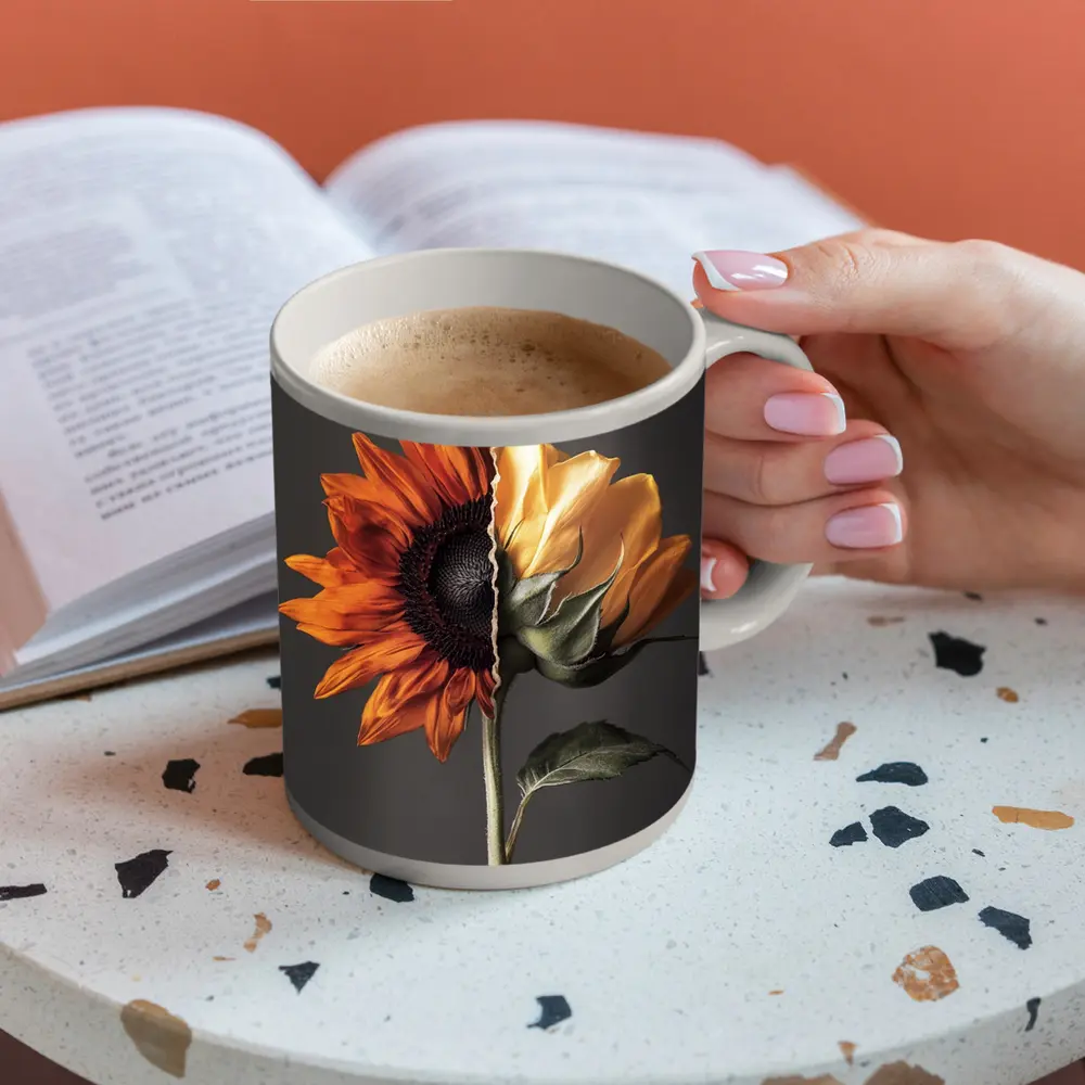 Split Sunflower Bloom Gray Background Art – Mugs