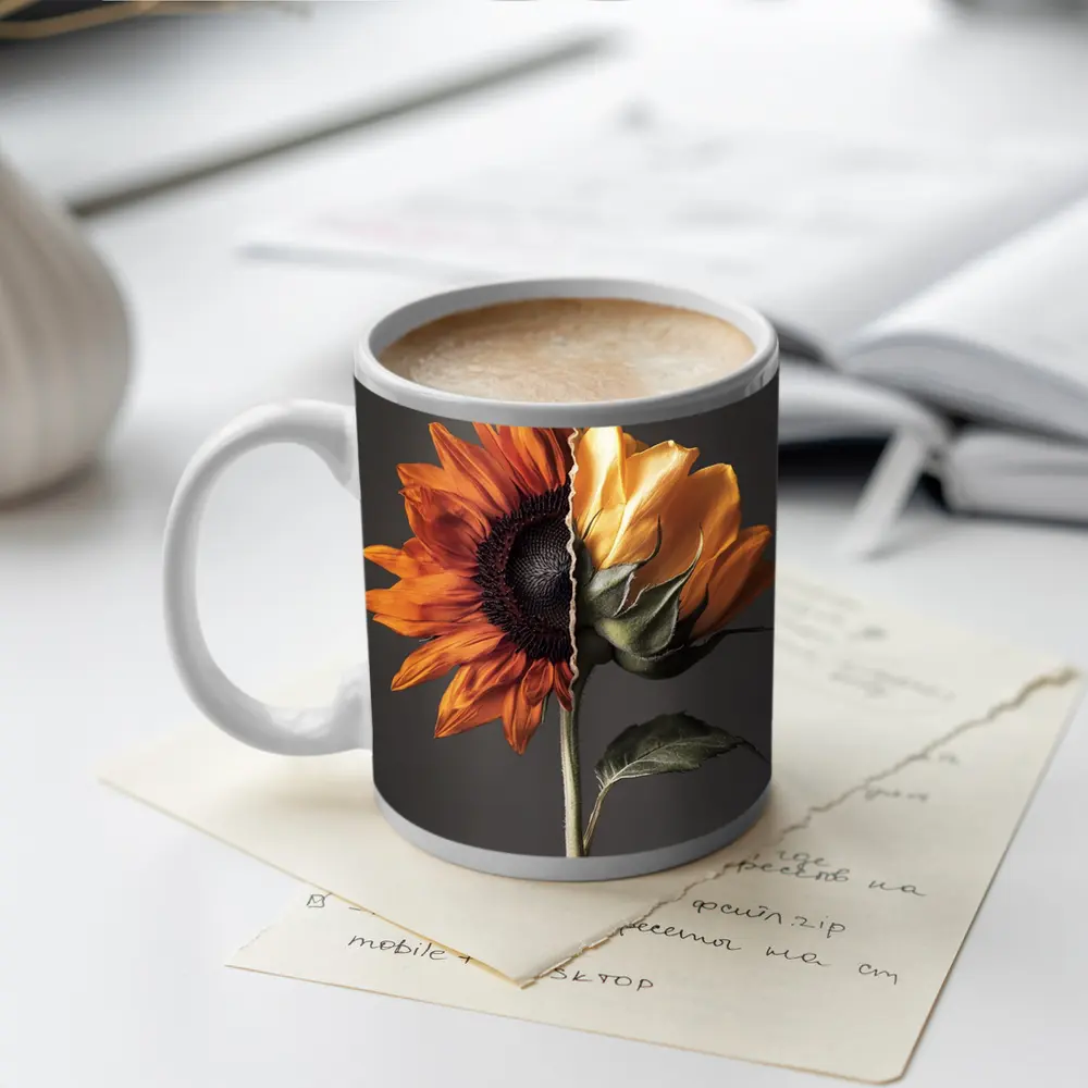 Split Sunflower Bloom Gray Background Art – Mugs