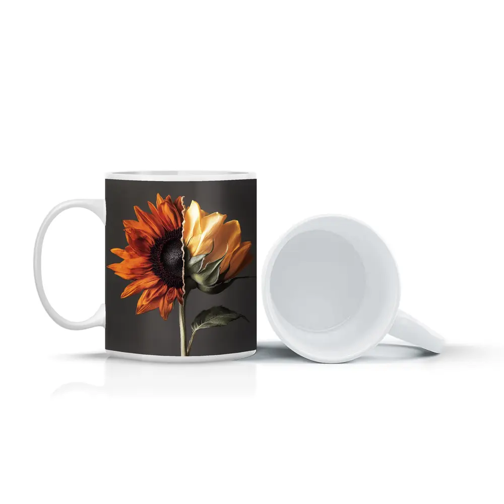 Split Sunflower Bloom Gray Background Art – Mugs