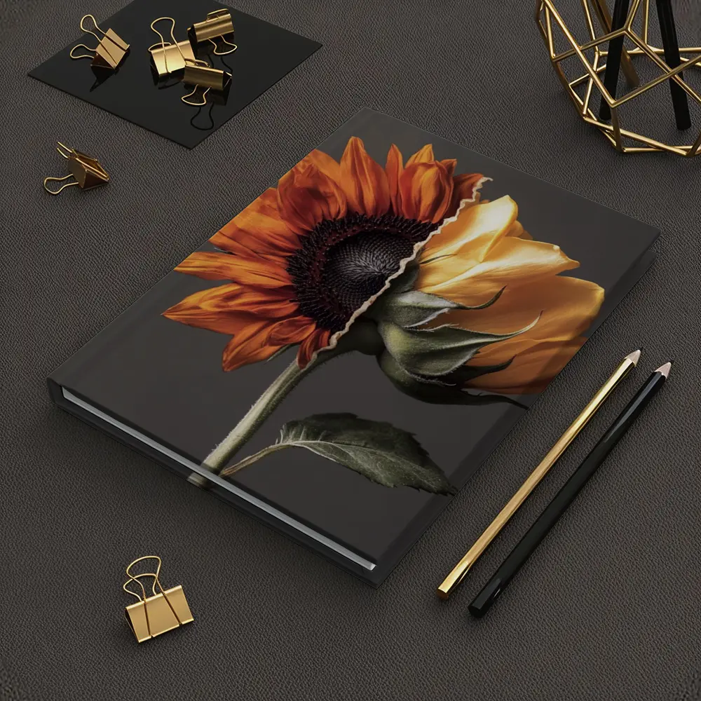 Split Sunflower Bloom Gray Background Art – Notebooks