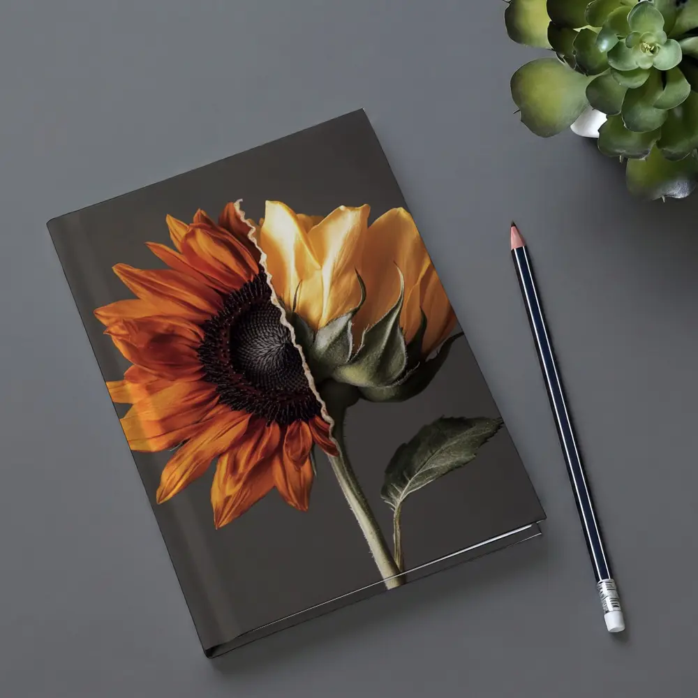 Split Sunflower Bloom Gray Background Art – Notebooks