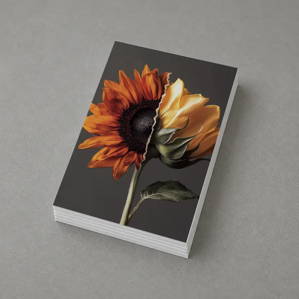 Split Sunflower Bloom Gray Background Art – Postcards