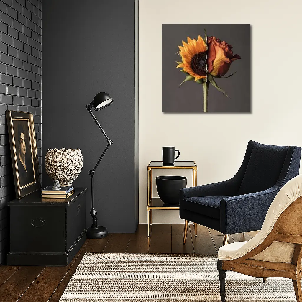 Sunflower Rose Hybrid Split Floral Gray Background – Wall Art