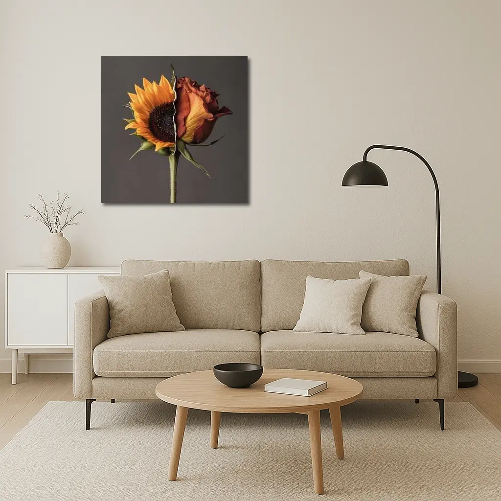 Sunflower Rose Hybrid Split Floral Gray Background – Wall Art
