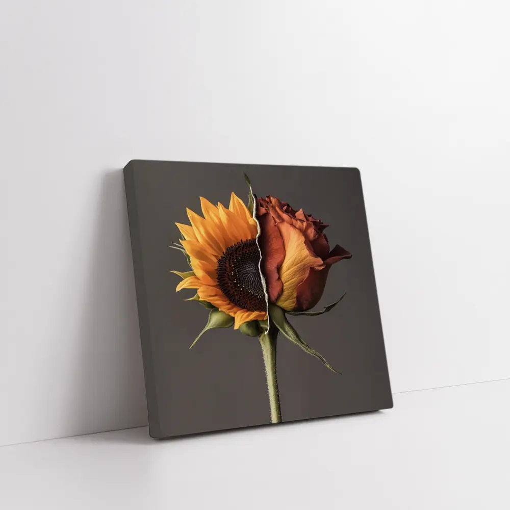 Sunflower Rose Hybrid Split Floral Gray Background – Wall Art