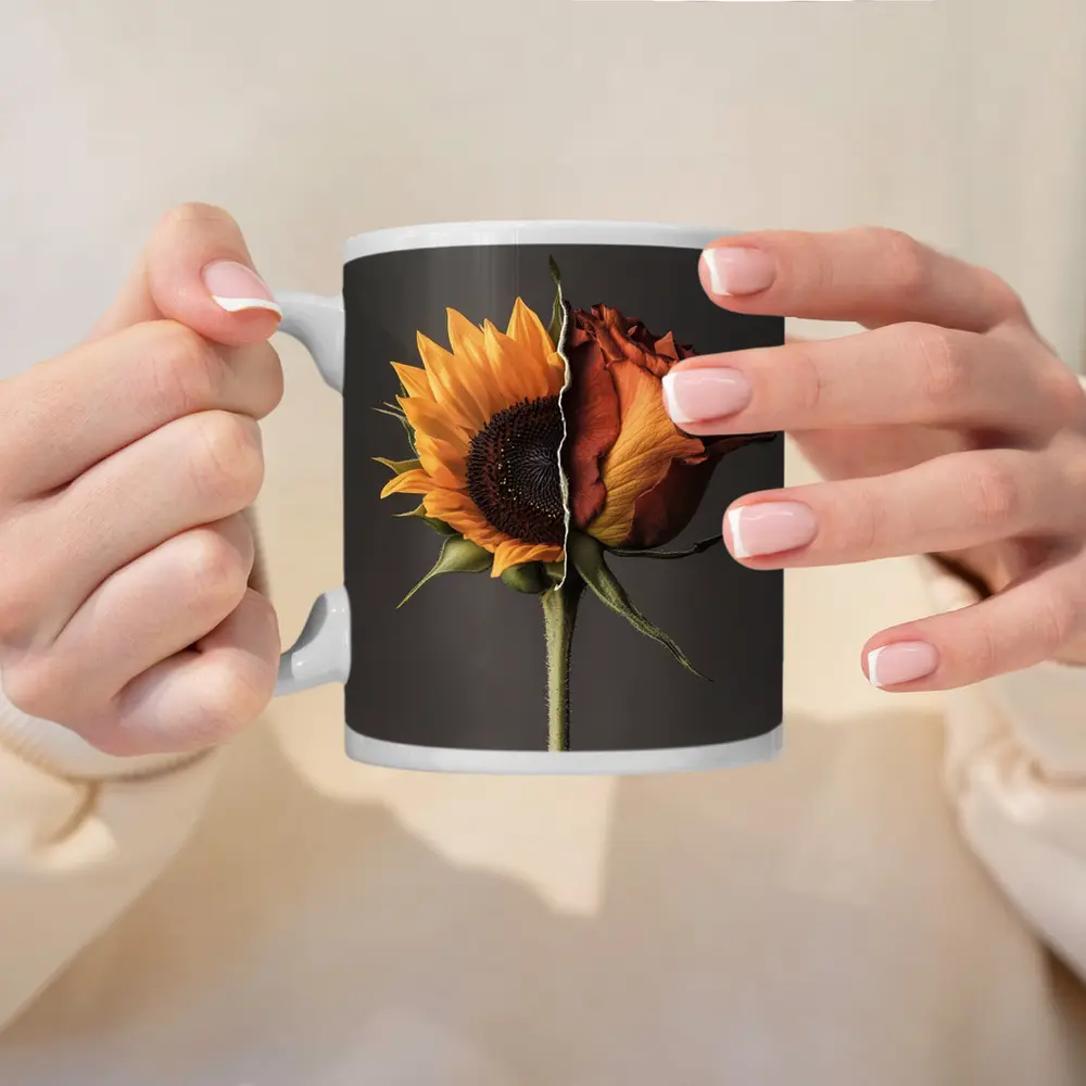 Sunflower Rose Hybrid Split Floral Gray Background – Mugs