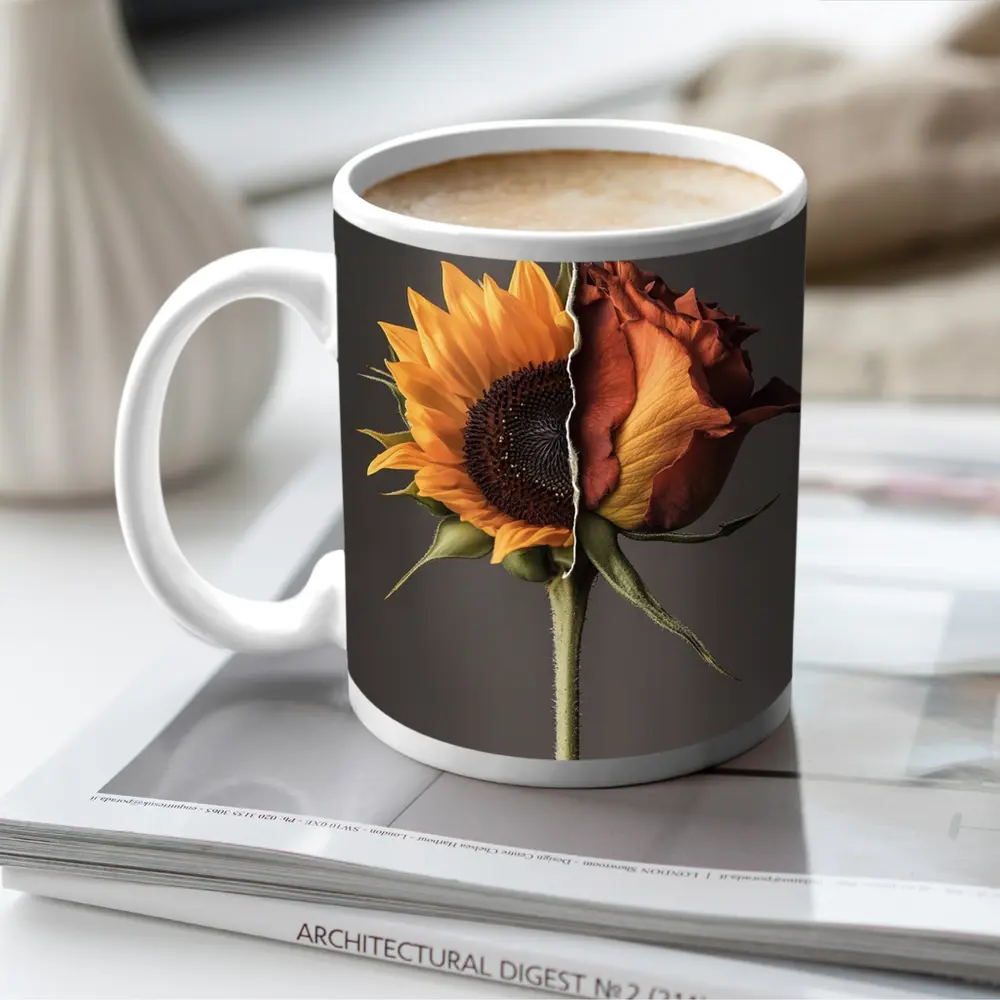 Sunflower Rose Hybrid Split Floral Gray Background – Mugs