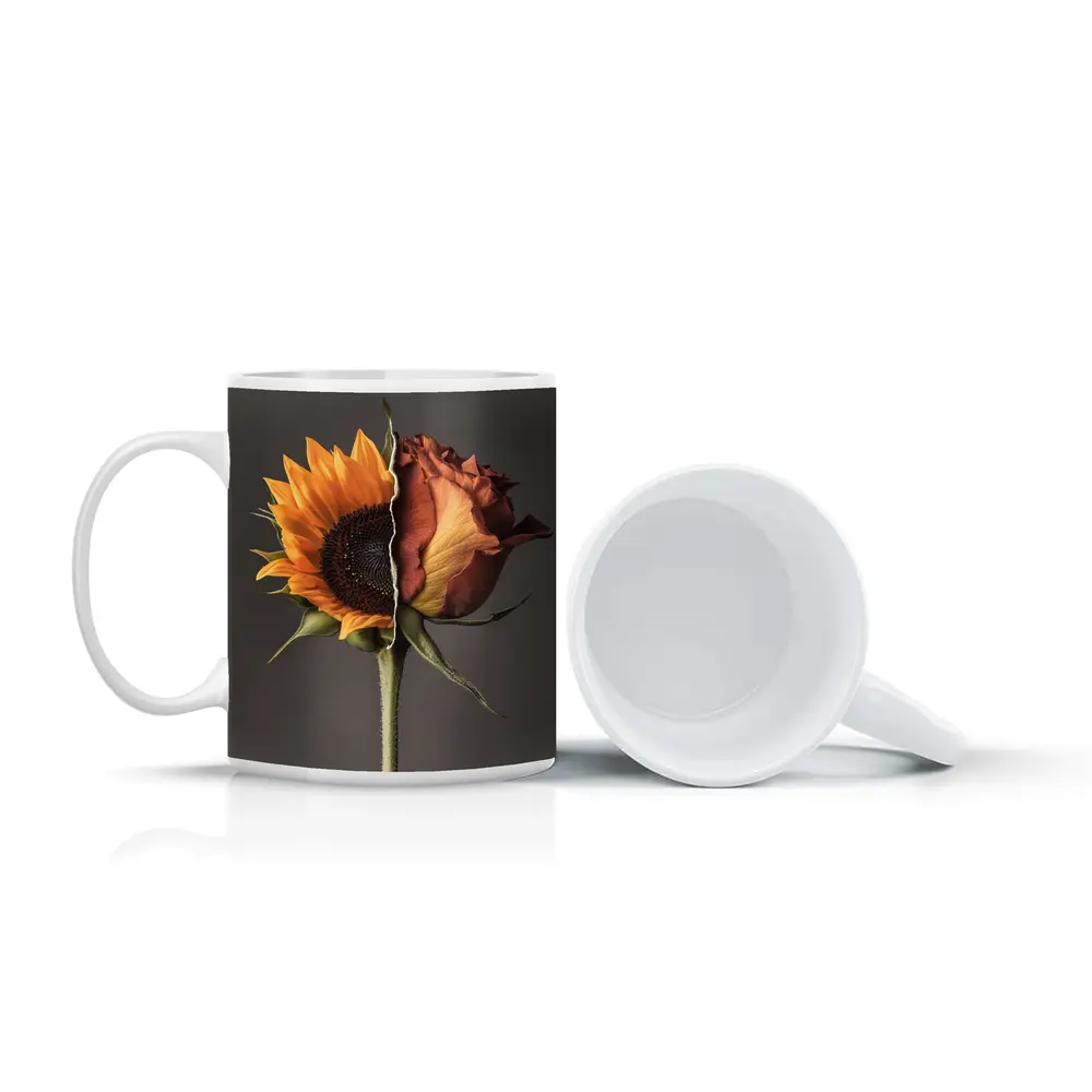 Sunflower Rose Hybrid Split Floral Gray Background – Mugs
