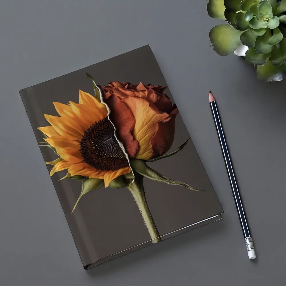 Sunflower Rose Hybrid Split Floral Gray Background – Notebooks