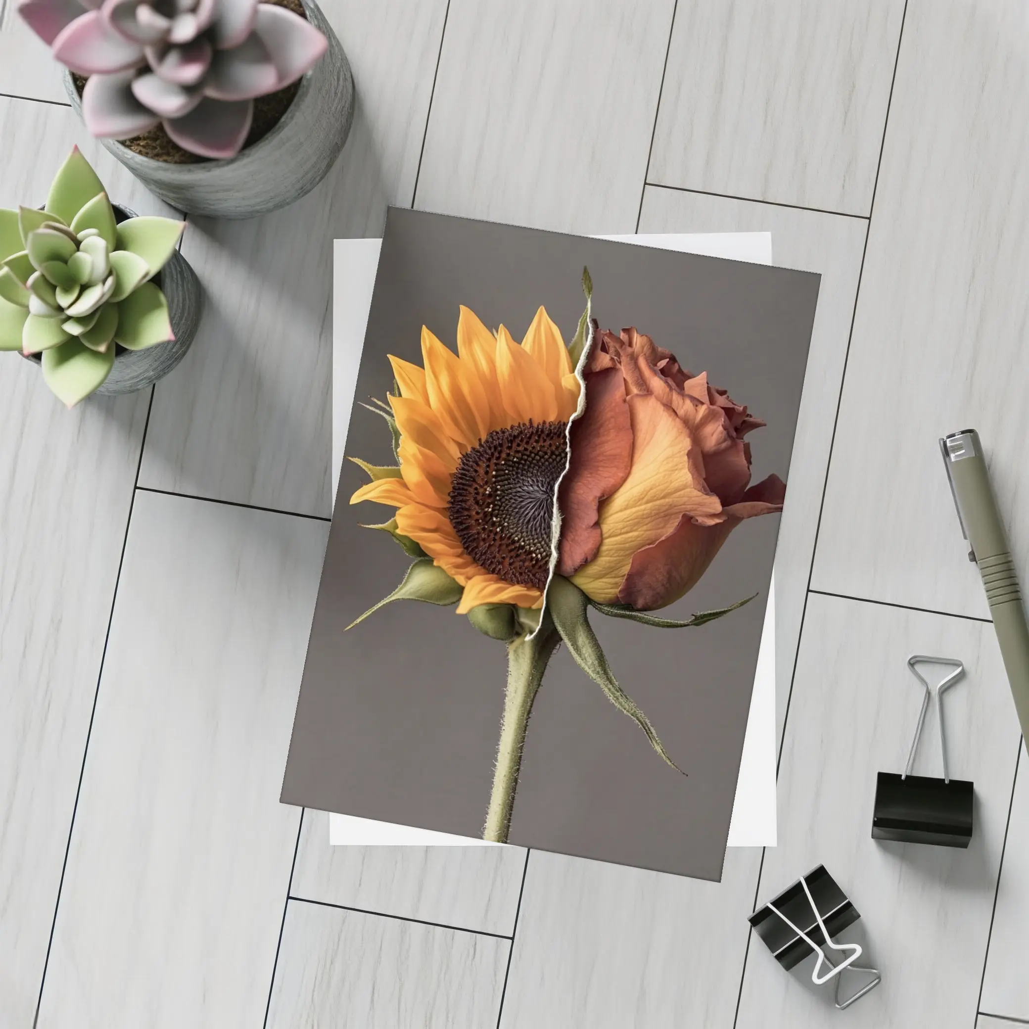 Sunflower Rose Hybrid Split Floral Gray Background – Postcards
