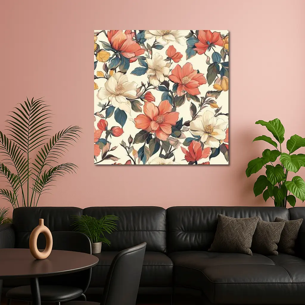 Coral Cream Botanical Floral Pattern Beige Background – Wall Art