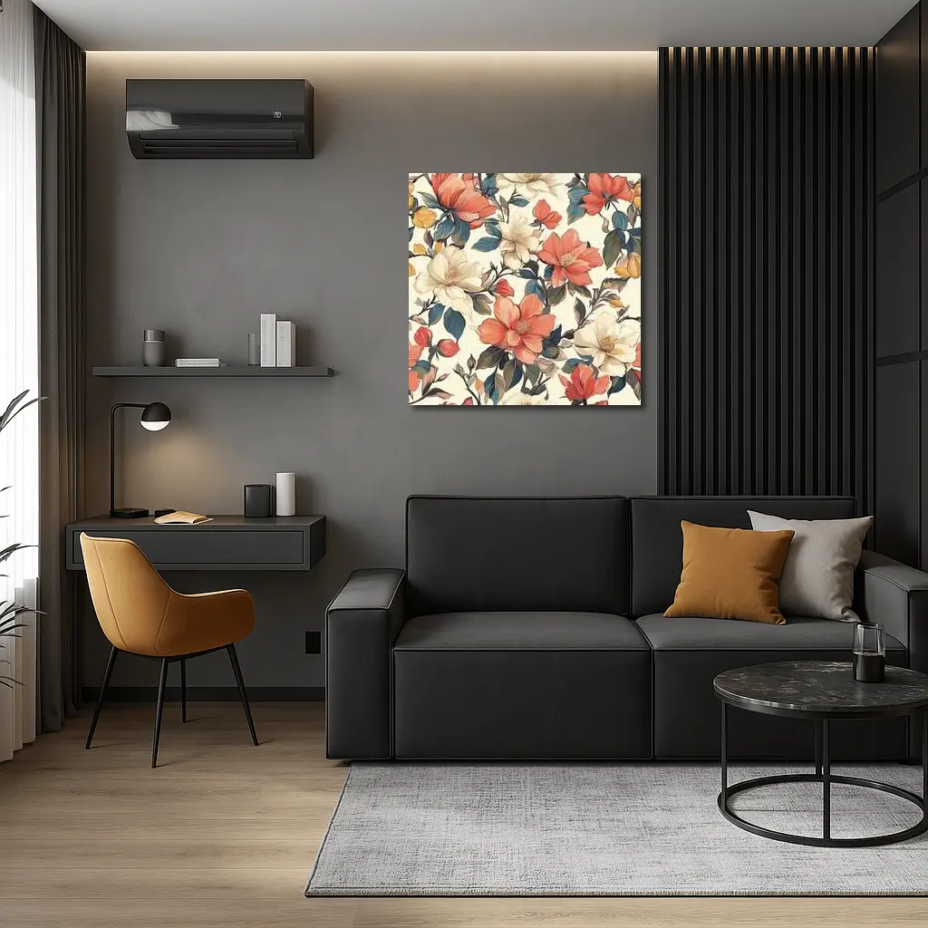 Coral Cream Botanical Floral Pattern Beige Background – Wall Art