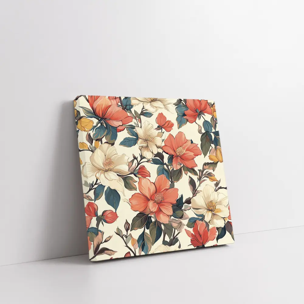 Coral Cream Botanical Floral Pattern Beige Background – Wall Art