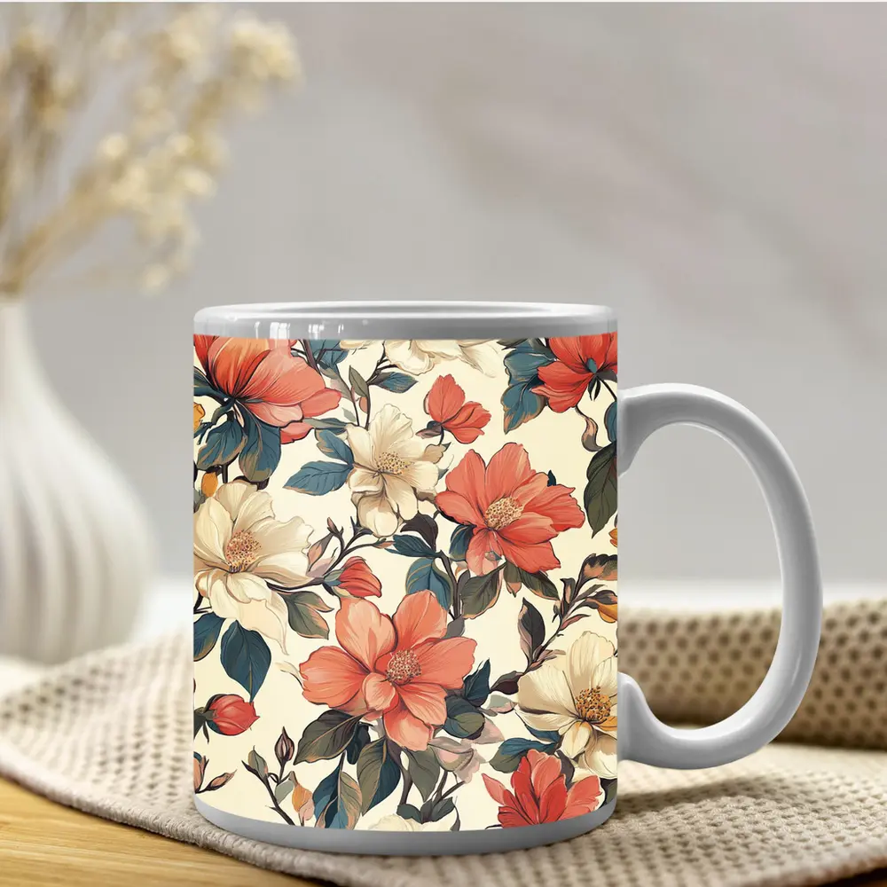 Coral Cream Botanical Floral Pattern Beige Background – Mugs