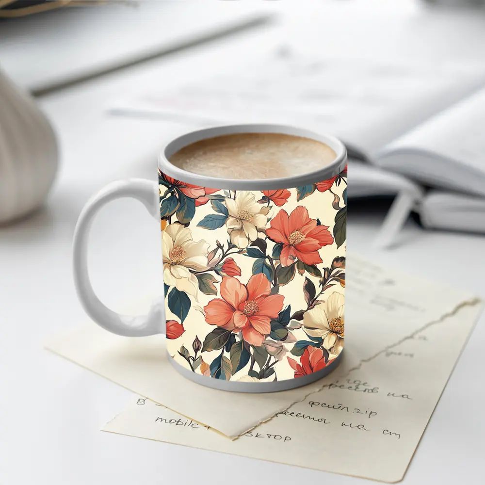 Coral Cream Botanical Floral Pattern Beige Background – Mugs
