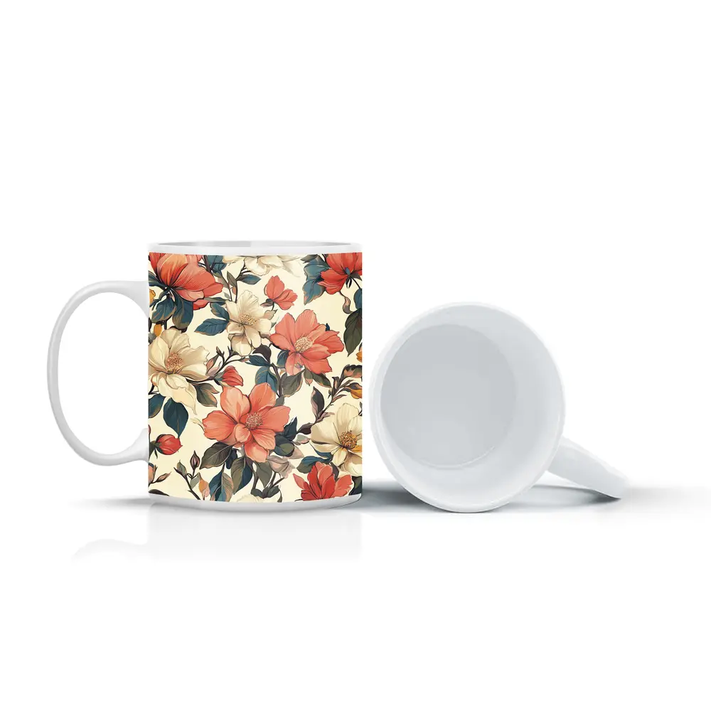Coral Cream Botanical Floral Pattern Beige Background – Mugs