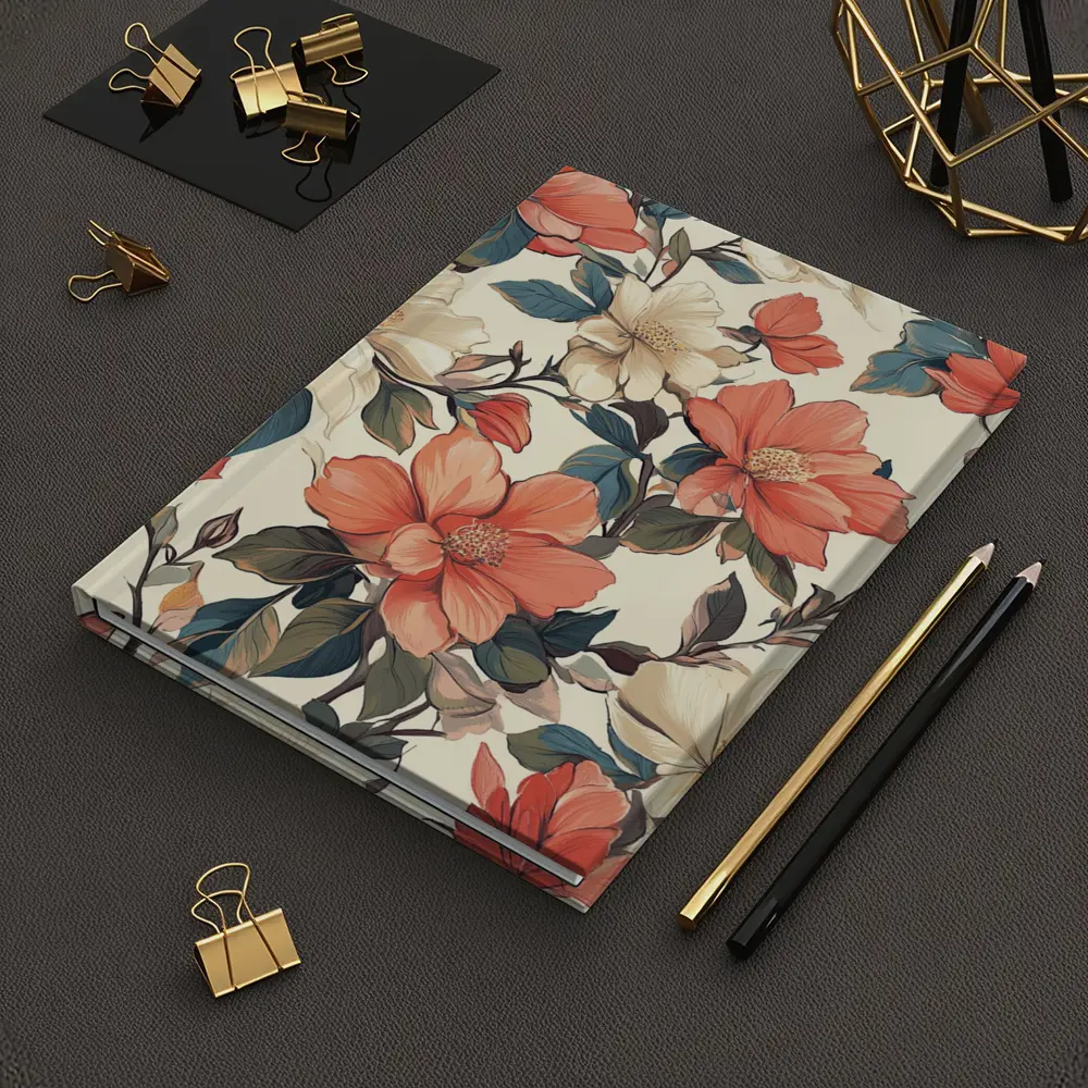 Coral Cream Botanical Floral Pattern Beige Background – Notebooks