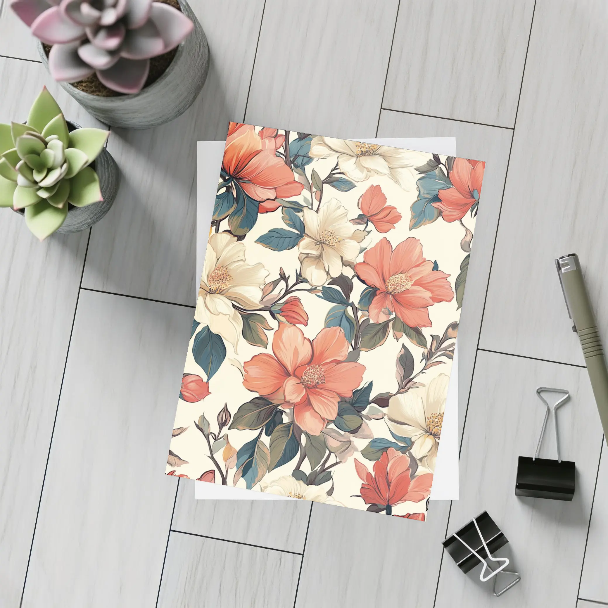 Coral Cream Botanical Floral Pattern Beige Background – Postcards