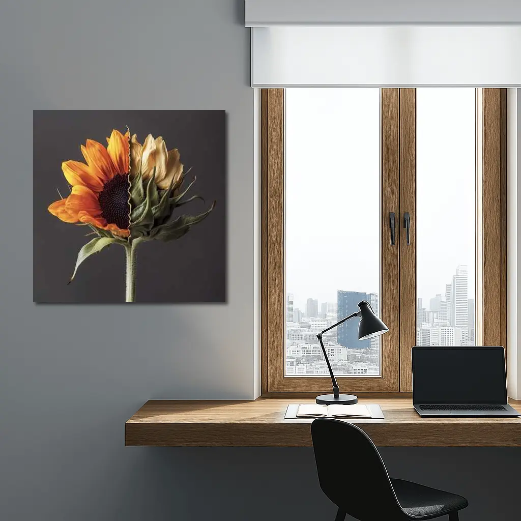 Sunflower Split Bloom Before After Gray – Wall Art