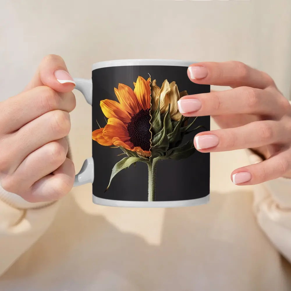 Sunflower Split Bloom Before After Gray – Mugs