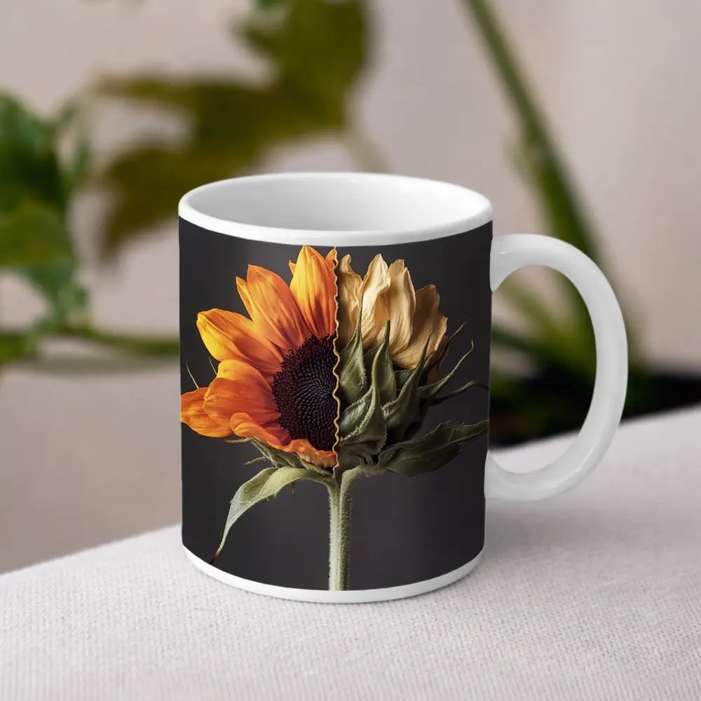 Sunflower Split Bloom Before After Gray – Mugs