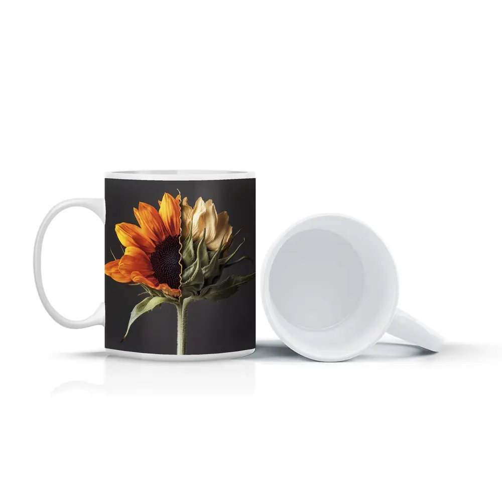 Sunflower Split Bloom Before After Gray – Mugs