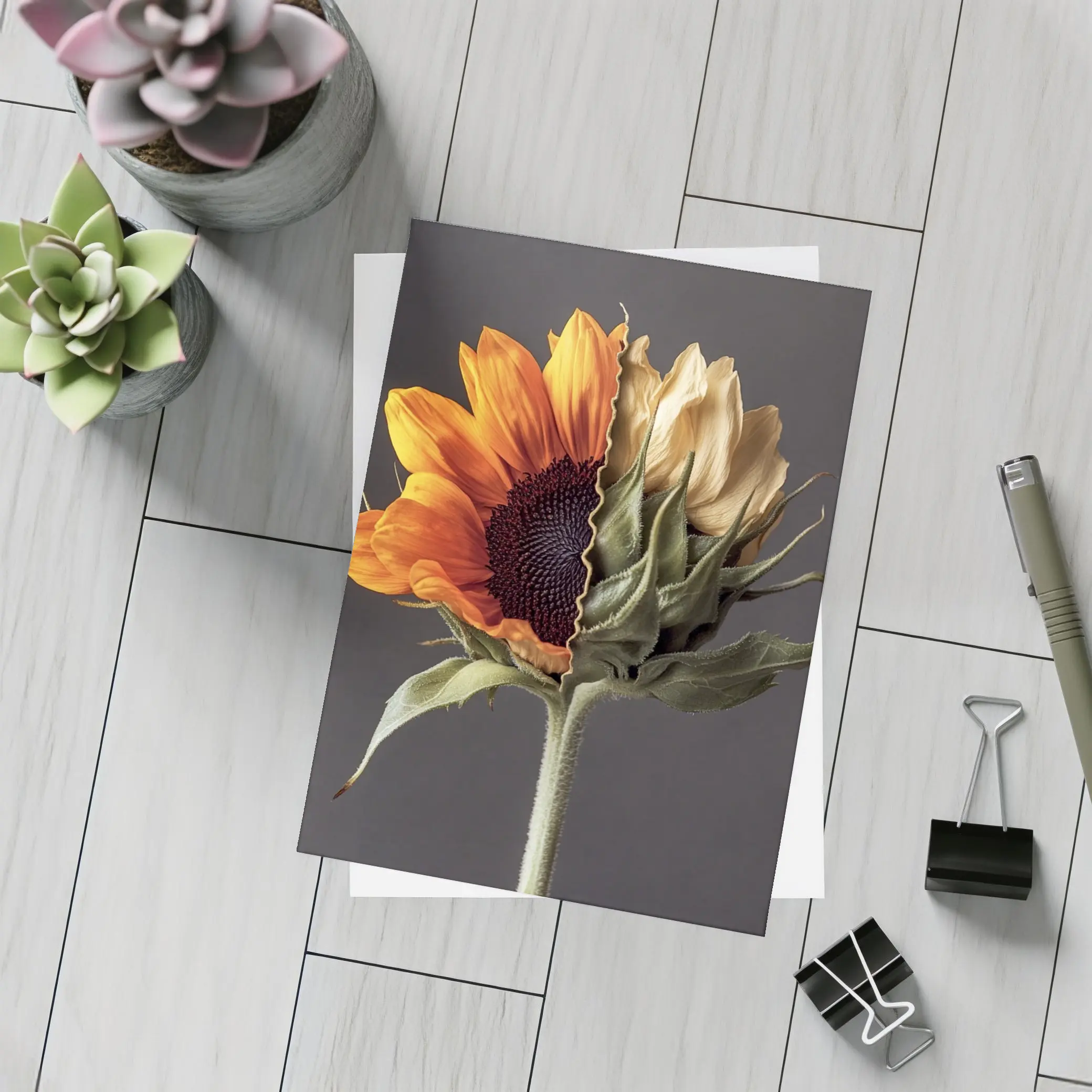 Sunflower Split Bloom Before After Gray – Postcards