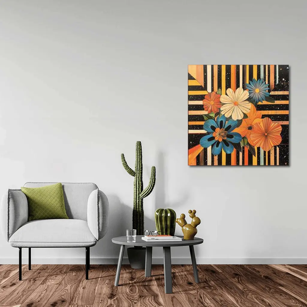 Retro Floral Bouquet Bold Striped Black Background – Wall Art
