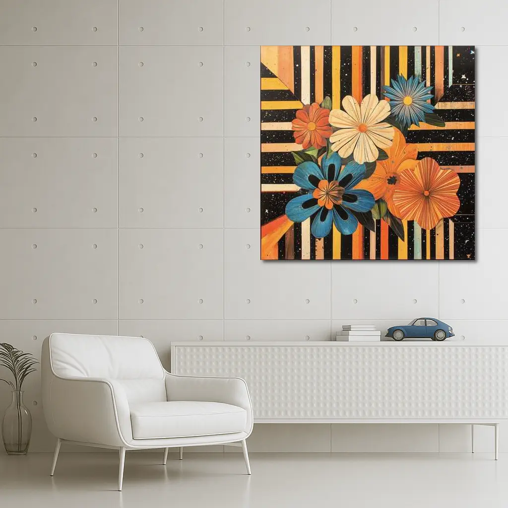 Retro Floral Bouquet Bold Striped Black Background – Wall Art