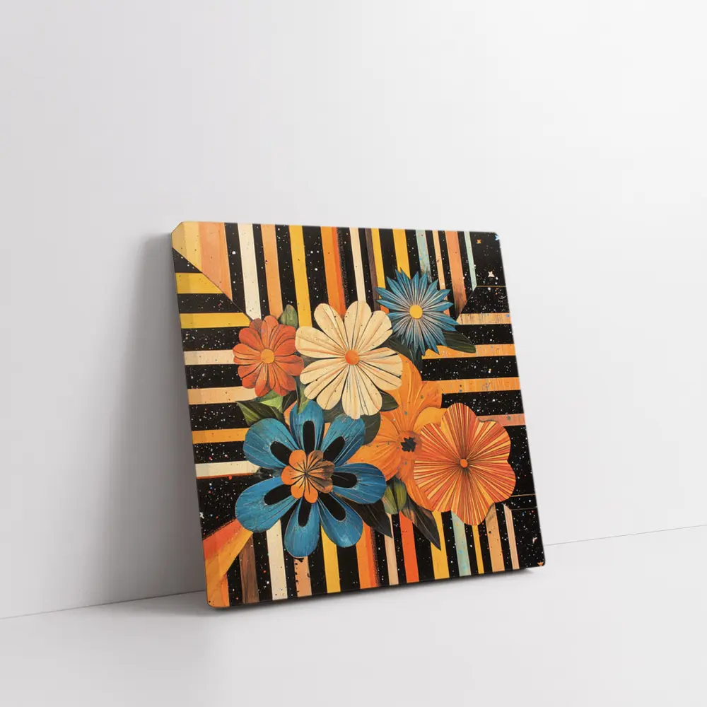 Retro Floral Bouquet Bold Striped Black Background – Wall Art
