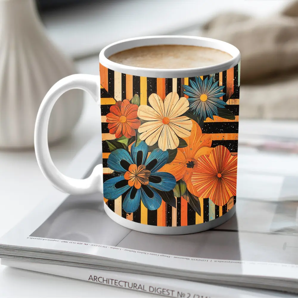 Retro Floral Bouquet Bold Striped Black Background – Mugs